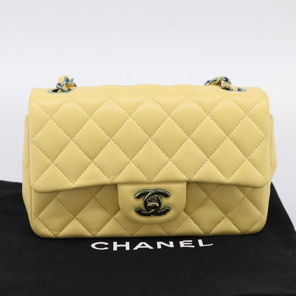 CHANEL Mini Matelasse 20 Chain Shoulder Bag Lamb Skin Yellow CC Auth 197490SV