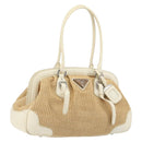 PRADA Hand Bag Straw Beige Silver Auth 197502A-1