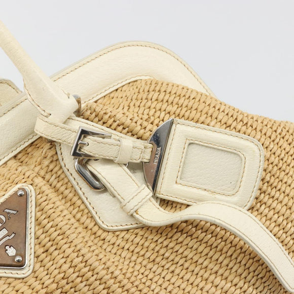 PRADA Hand Bag Straw Beige Silver Auth 197502A