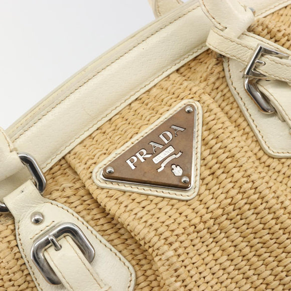 PRADA Hand Bag Straw Beige Silver Auth 197502A