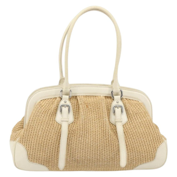 PRADA Hand Bag Straw Beige Silver Auth 197502A