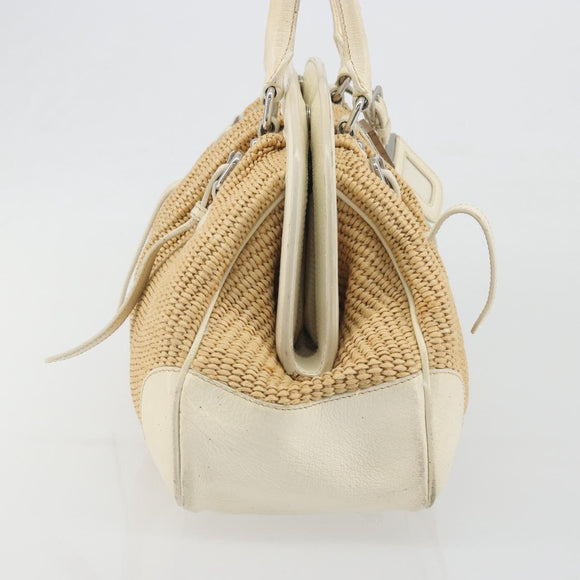 PRADA Hand Bag Straw Beige Silver Auth 197502A