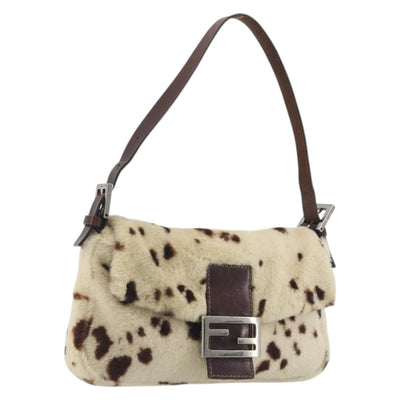 FENDI Mamma Baguette Shoulder Bag fur Ivory Silver Auth 197511SAM