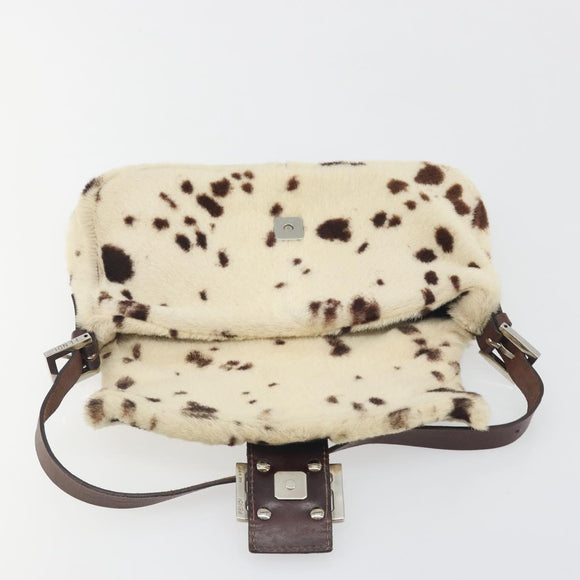 FENDI Mamma Baguette Shoulder Bag fur Ivory Silver Auth 197511SAM