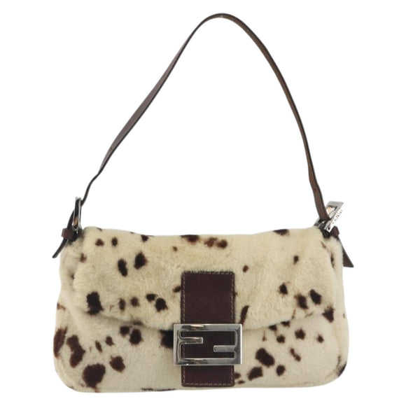 FENDI Mamma Baguette Shoulder Bag fur Ivory Silver Auth 197511SAM