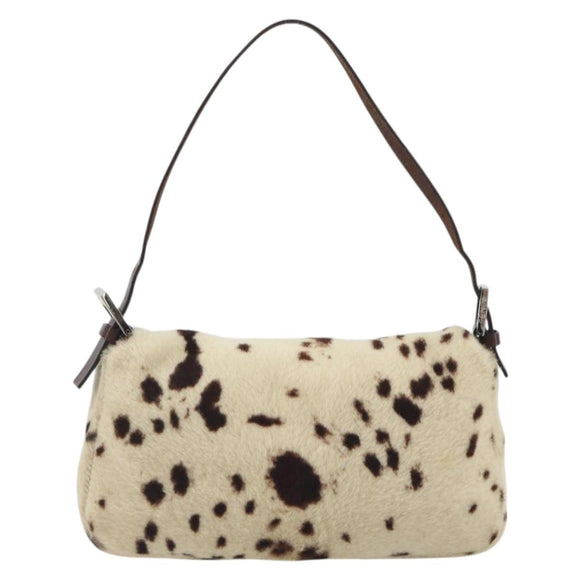 FENDI Mamma Baguette Shoulder Bag fur Ivory Silver Auth 197511SAM
