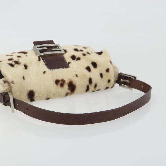 FENDI Mamma Baguette Shoulder Bag fur Ivory Silver Auth 197511SAM