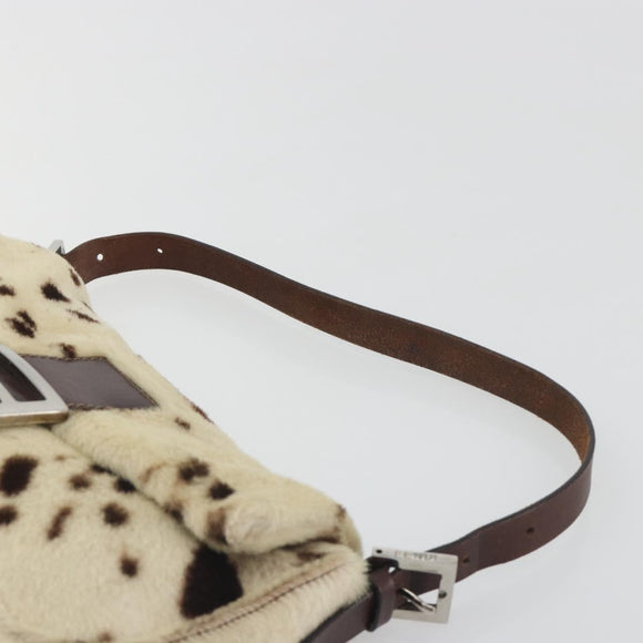 FENDI Mamma Baguette Shoulder Bag fur Ivory Silver Auth 197511SAM