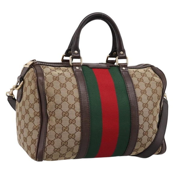 GUCCI GG Canvas Web Sherry Line Boston Bag 2way Beige Gold 247205 Auth 197515