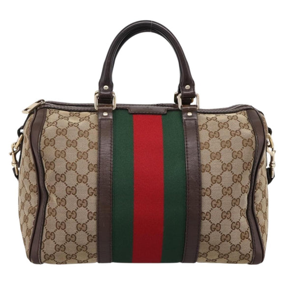 GUCCI GG Canvas Web Sherry Line Boston Bag 2way Beige Gold 247205 Auth 197515