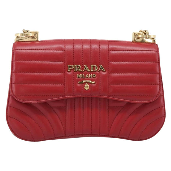 PRADA Diagram Chain Shoulder Bag Leather Red Gold Auth 197523V