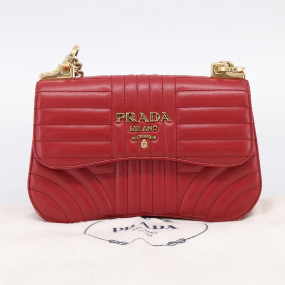 PRADA Diagram Chain Shoulder Bag Leather Red Gold Auth 197523V