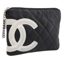 CHANEL Cambon Line Matelasse Pouch Leather Black Silver CC Auth 197572A-1
