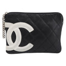 CHANEL Cambon Line Matelasse Pouch Leather Black Silver CC Auth 197572A-2