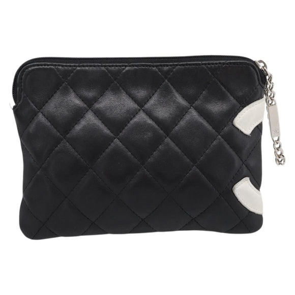 CHANEL Cambon Line Matelasse Pouch Leather Black Silver CC Auth 197572A