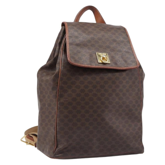 CELINE Macadam Canvas Backpack PVC Leather Brown Gold Auth 197605