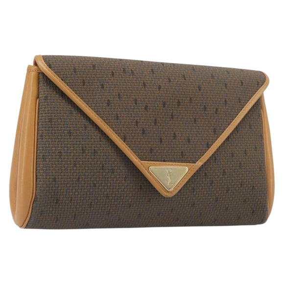 SAINT LAURENT Clutch Bag PVC Canvas Brown Gold Auth 197613A