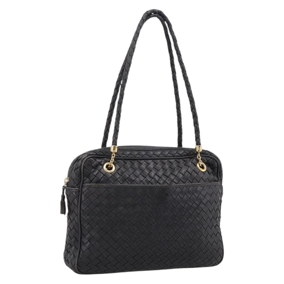 BOTTEGA VENETA INTRECCIATO Hand Bag Leather Black Gold Auth 197615