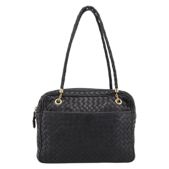 BOTTEGA VENETA INTRECCIATO Hand Bag Leather Black Gold Auth 197615