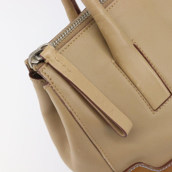 PRADA Hand Bag Leather Beige Silver Auth 197618