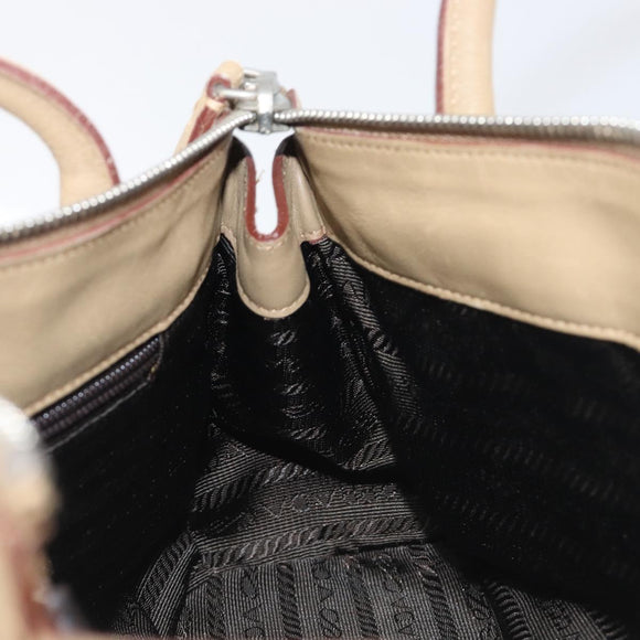 PRADA Hand Bag Leather Beige Silver Auth 197618