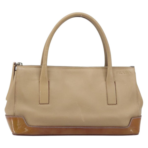 PRADA Hand Bag Leather Beige Silver Auth 197618