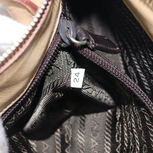 PRADA Hand Bag Leather Beige Silver Auth 197618