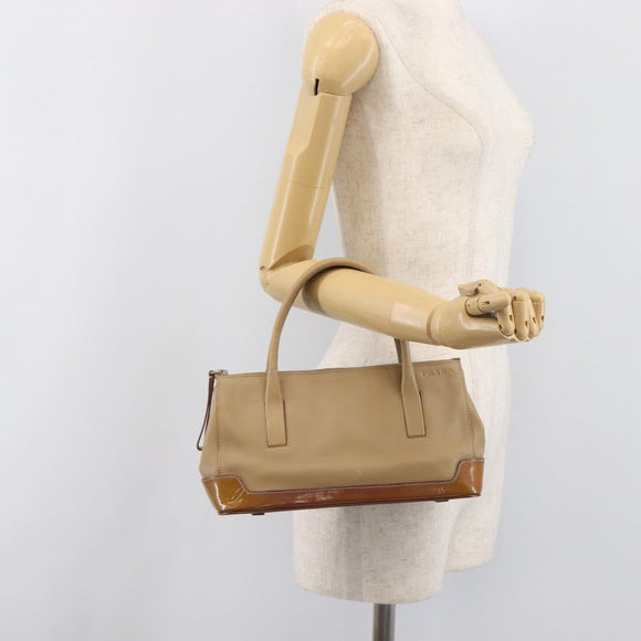 PRADA Hand Bag Leather Beige Silver Auth 197618