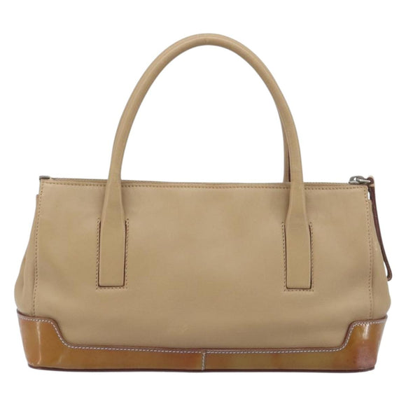 PRADA Hand Bag Leather Beige Silver Auth 197618