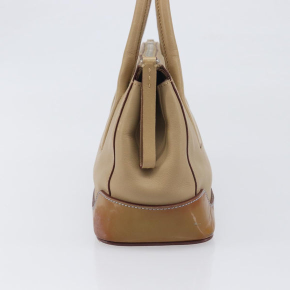 PRADA Hand Bag Leather Beige Silver Auth 197618