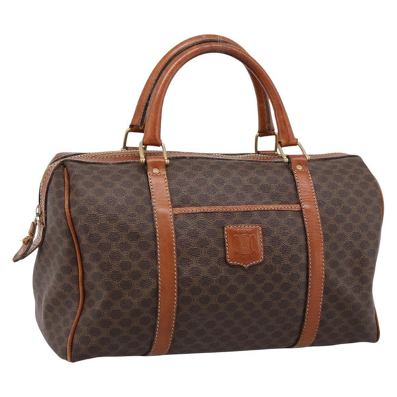 CELINE Macadam Canvas Boston Bag PVC Leather Brown Gold Auth 197619