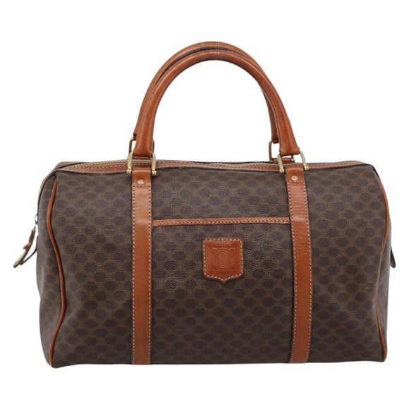 CELINE Macadam Canvas Boston Bag PVC Leather Brown Gold Auth 197619