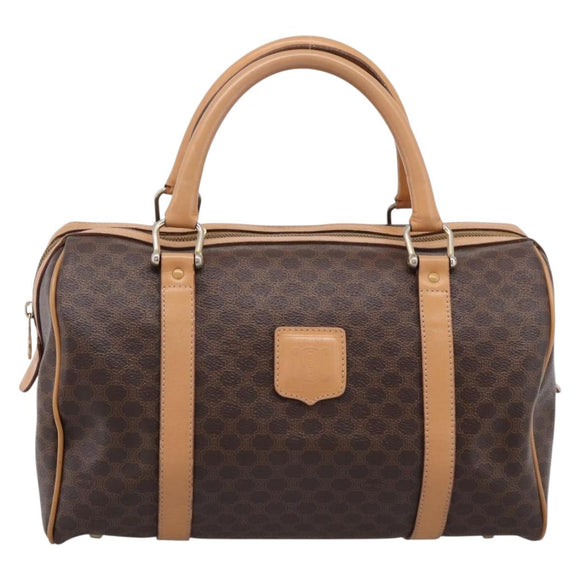 CELINE Macadam Canvas Boston Bag PVC Leather Brown Gold Auth 197624A