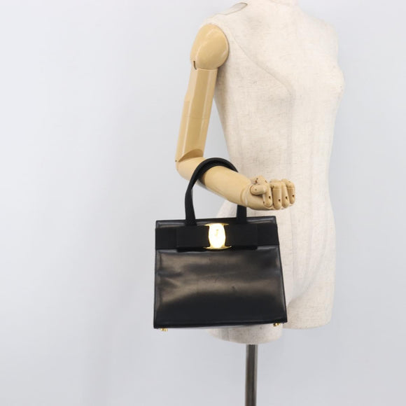 Salvatore Ferragamo Vala Hand Bag Leather Black Gold Auth 197630