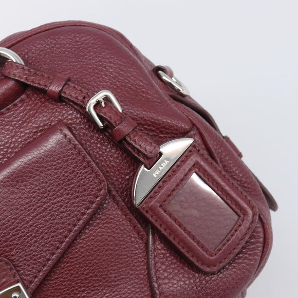 PRADA Hand Bag Leather Wine Red Silver Auth 197647A
