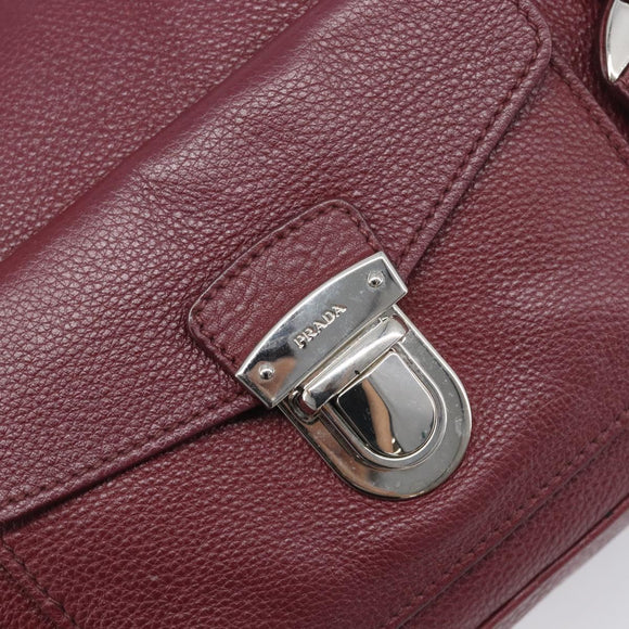 PRADA Hand Bag Leather Wine Red Silver Auth 197647A