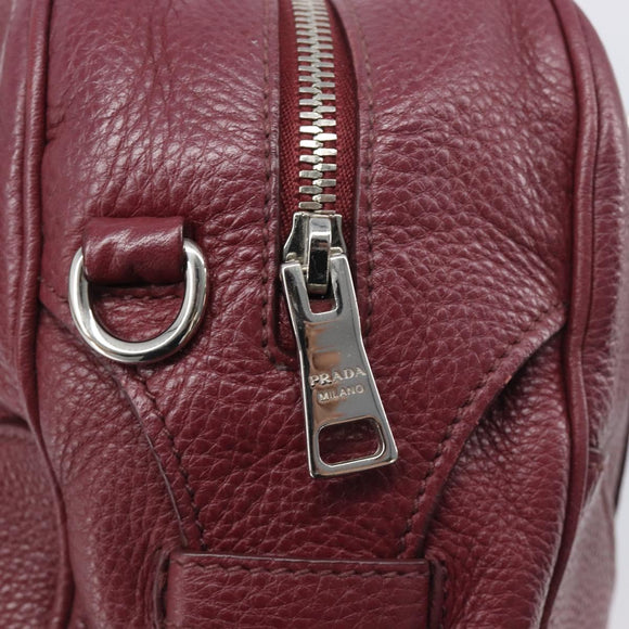PRADA Hand Bag Leather Wine Red Silver Auth 197647A
