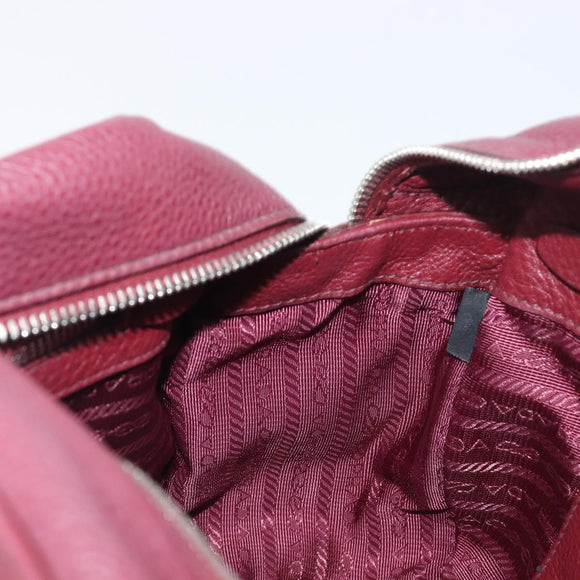 PRADA Hand Bag Leather Wine Red Silver Auth 197647A