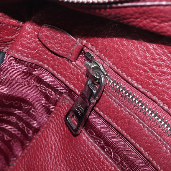 PRADA Hand Bag Leather Wine Red Silver Auth 197647A