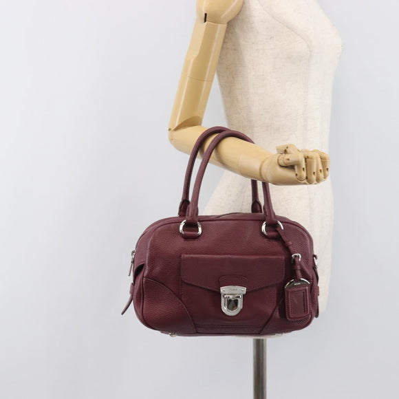 PRADA Hand Bag Leather Wine Red Silver Auth 197647A