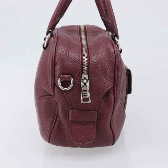PRADA Hand Bag Leather Wine Red Silver Auth 197647A