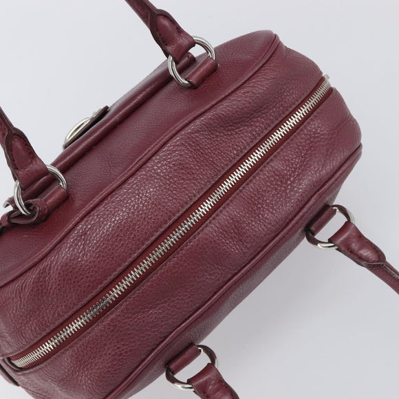 PRADA Hand Bag Leather Wine Red Silver Auth 197647A
