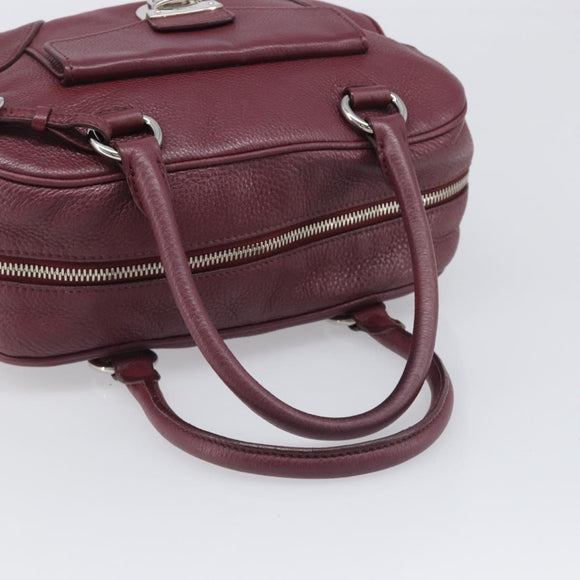 PRADA Hand Bag Leather Wine Red Silver Auth 197647A