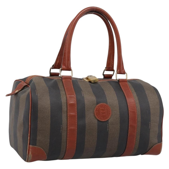 FENDI Pecan Canvas Boston Bag PVC Black Brown Auth 197655
