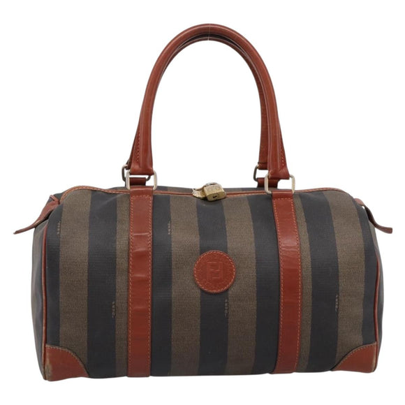 FENDI Pecan Canvas Boston Bag PVC Black Brown Auth 197655