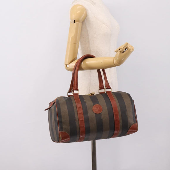FENDI Pecan Canvas Boston Bag PVC Black Brown Auth 197655