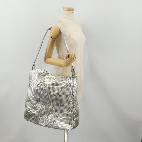 CHANEL COCO Mark Punching Shoulder Bag Leather 2way Silver CC Auth 197660