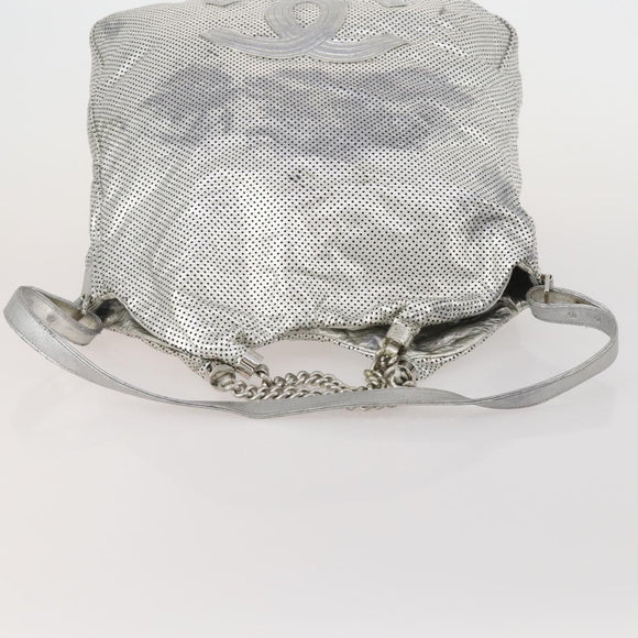 CHANEL COCO Mark Punching Shoulder Bag Leather 2way Silver CC Auth 197660