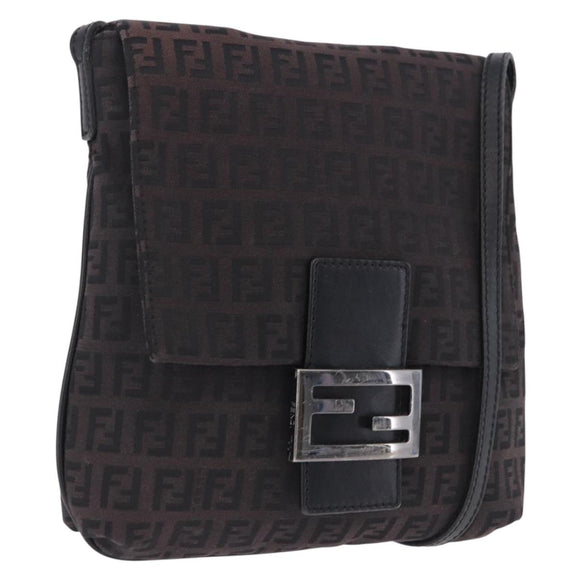 FENDI Zucchino Canvas Shoulder Bag Black Silver Auth 197666