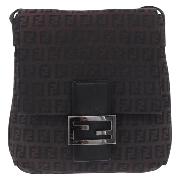 FENDI Zucchino Canvas Shoulder Bag Black Silver Auth 197666